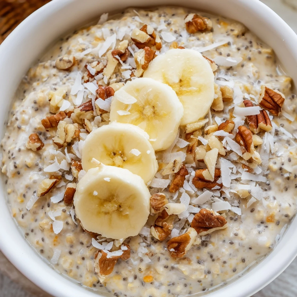 Velvety coconut cream pie overnight oats layered with shredded coconut and crunchy almonds