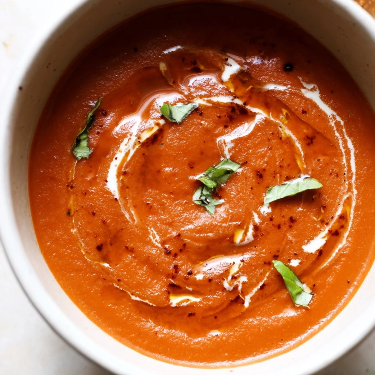 Smoky fire roasted tomato soup ladled into a rustic bowl beside crusty sourdough bread