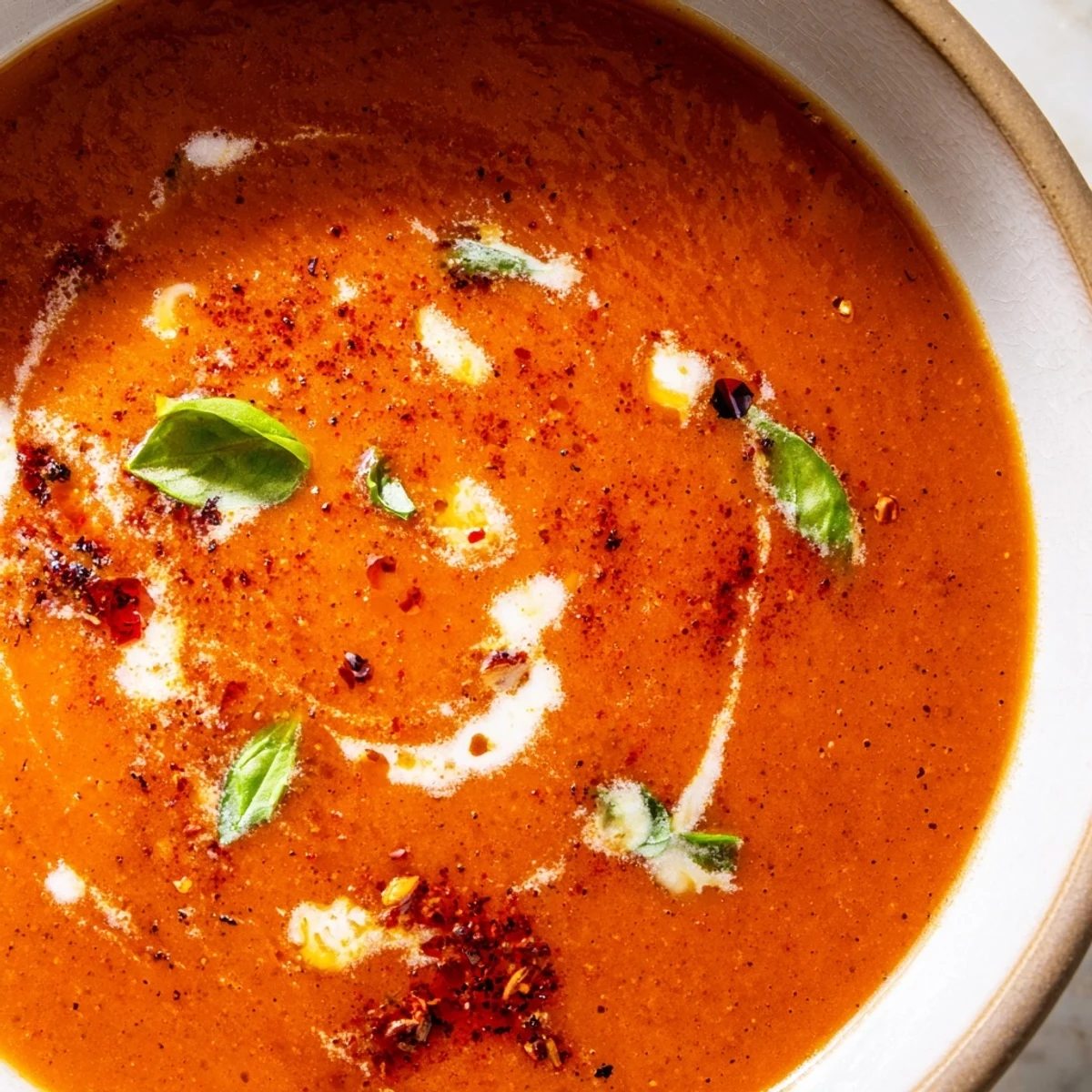 Creamy fire roasted tomato soup topped with fresh basil and a swirl of cream