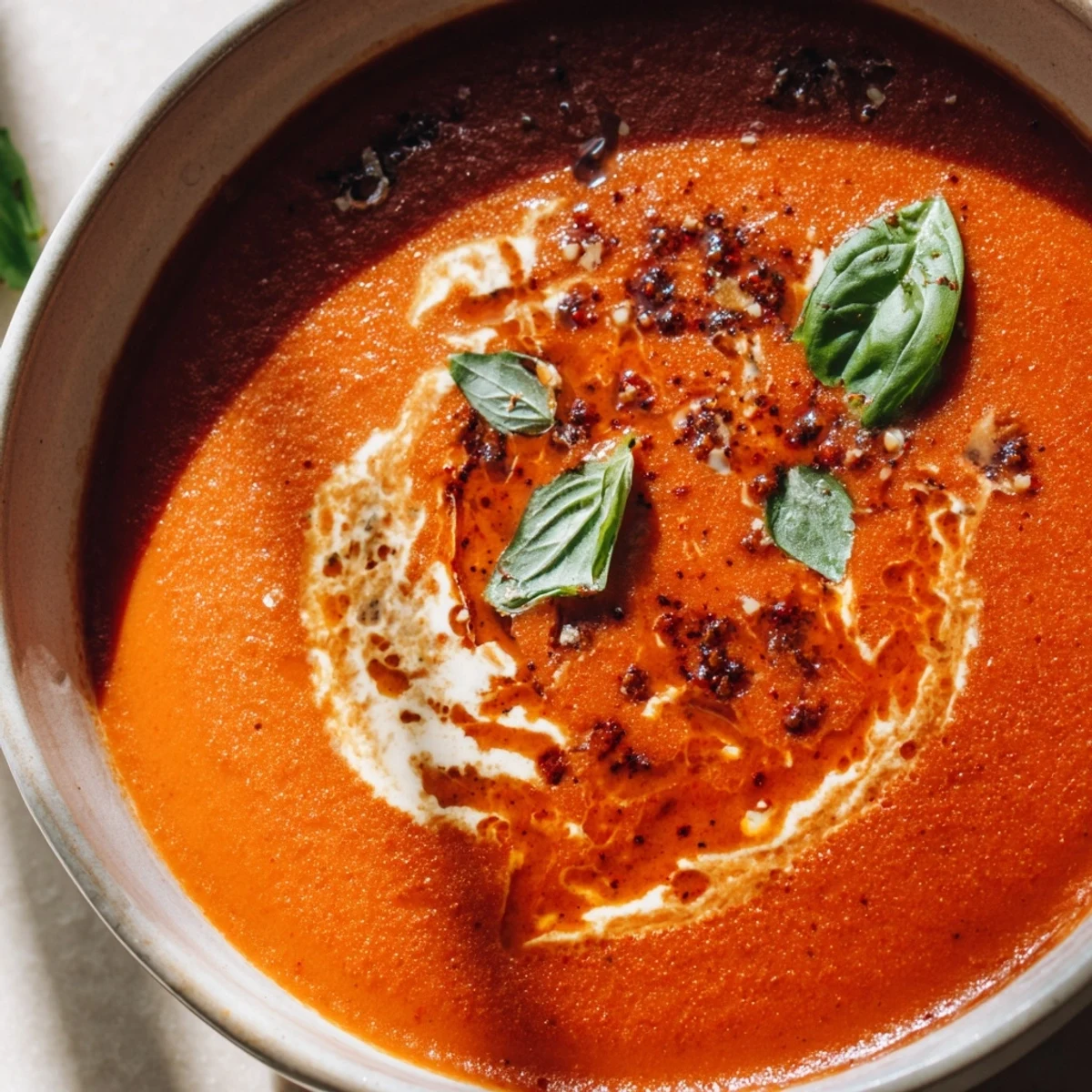 Velvety fire roasted tomato soup garnished with parsley in a warm ceramic bowl