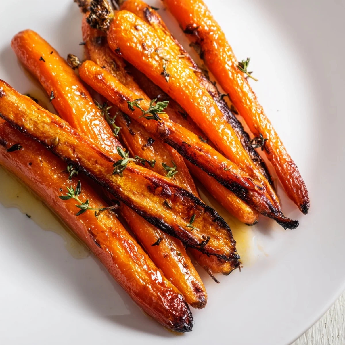 Glistening honey roasted carrots with caramelized edges served on a rustic white platter