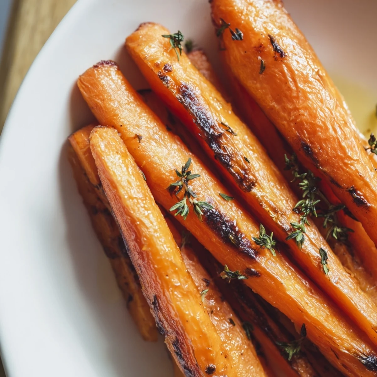 Golden honey roasted carrots tossed with fresh thyme and glistening olive oil