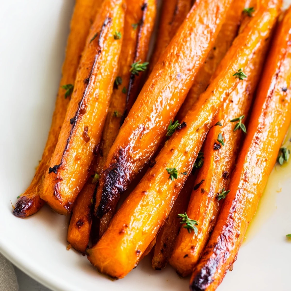 Tender honey roasted carrots arranged on parchment with charred tips and herb garnish