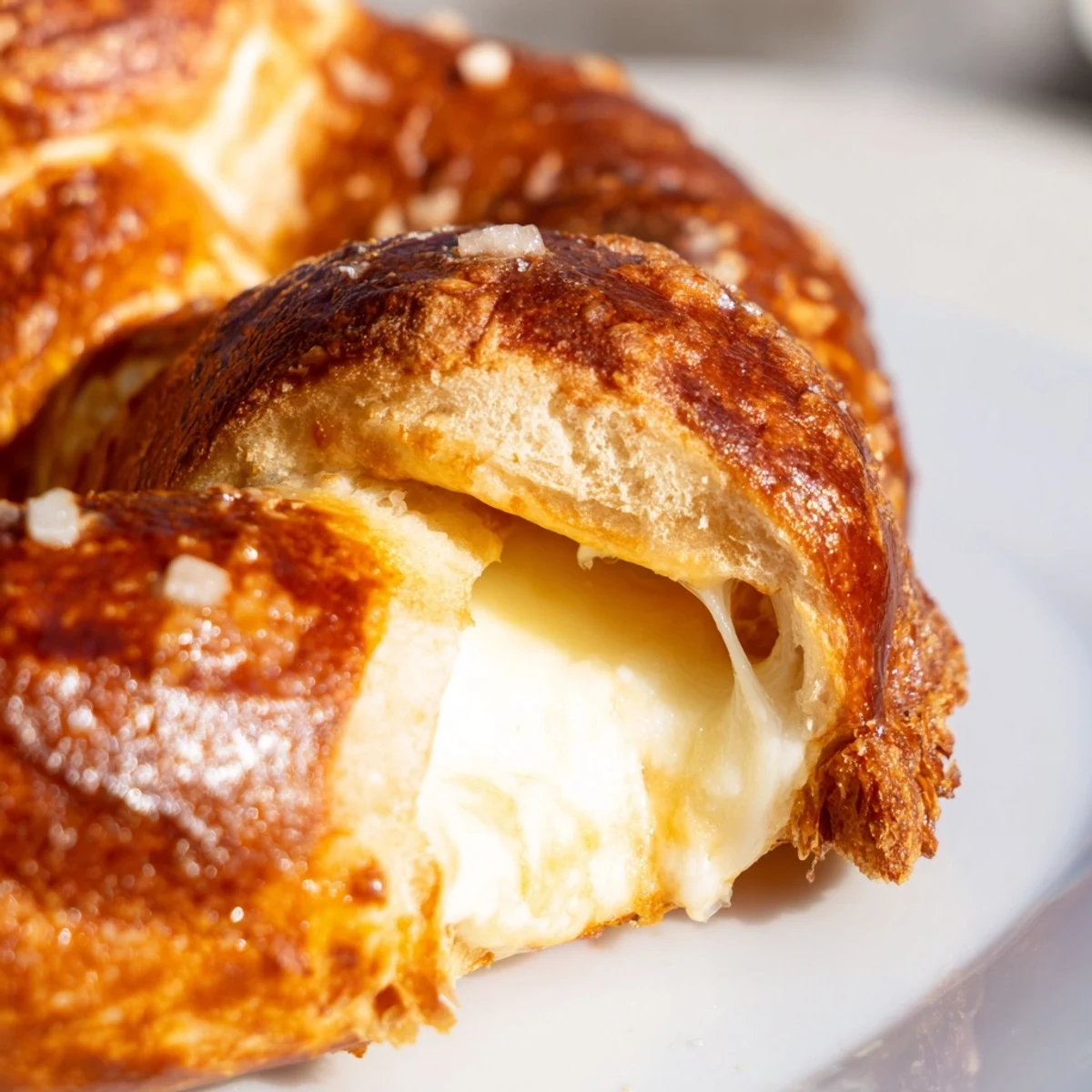 Golden mozzarella stuffed soft pretzels with coarse salt sprinkled on a rustic baking sheet