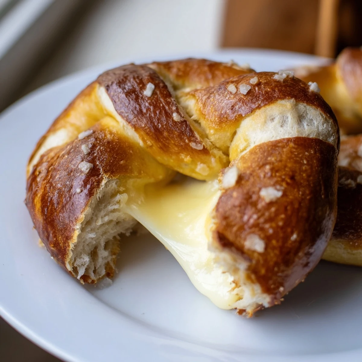 Warm mozzarella stuffed soft pretzels oozing melted cheese from a crackly golden brown crust