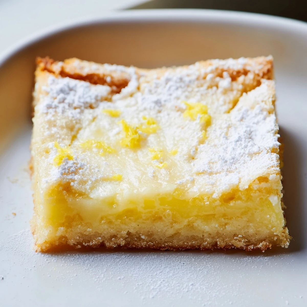 Golden Lemon Gooey Butter Cake squares dusted with powdered sugar on a rustic white serving plate