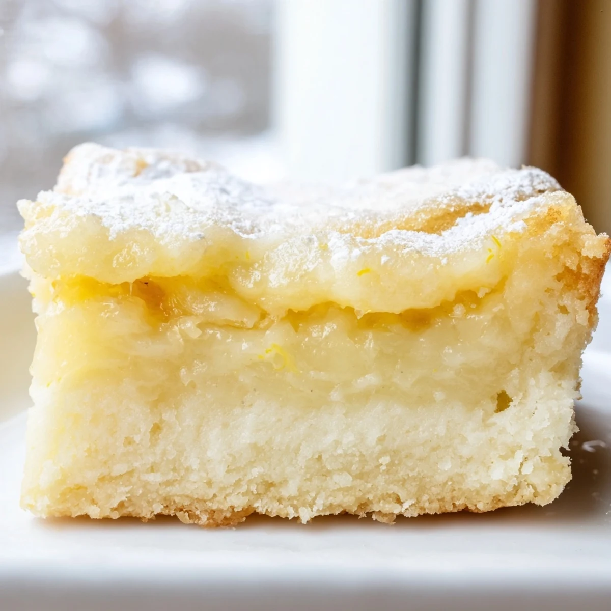 Creamy Lemon Gooey Butter Cake with glossy custard topping and golden brown buttery crust edges