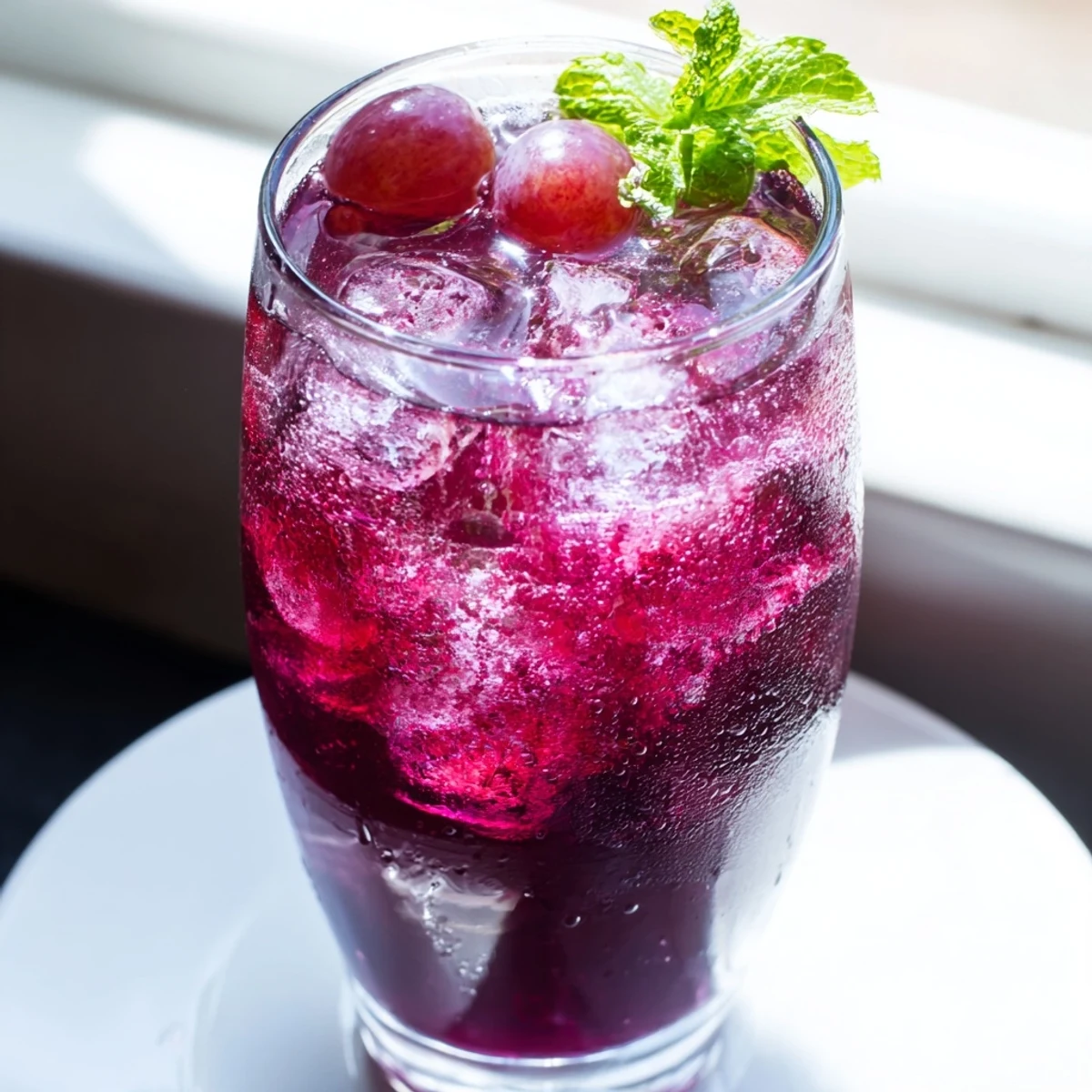 Chilled Grape Agua Fresca poured over ice in a tall glass with lime wedges