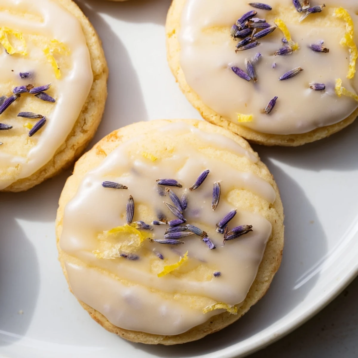 Iced lemon lavender shortbread cookies with glossy icing on a rustic white plate