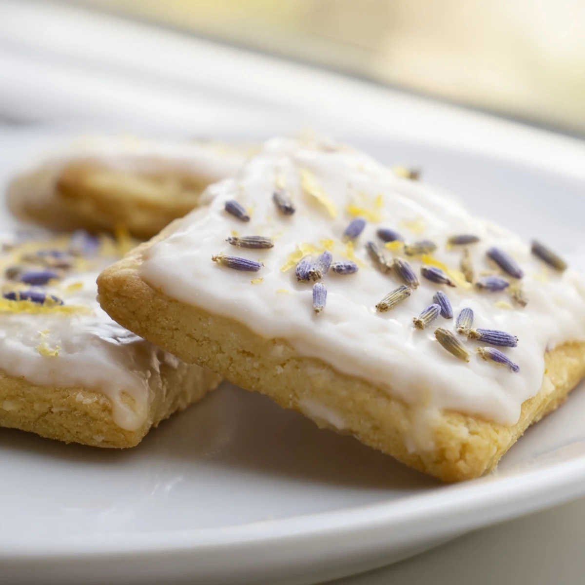 Buttery shortbread cookies topped with sweet lemon glaze and scattered lavender buds