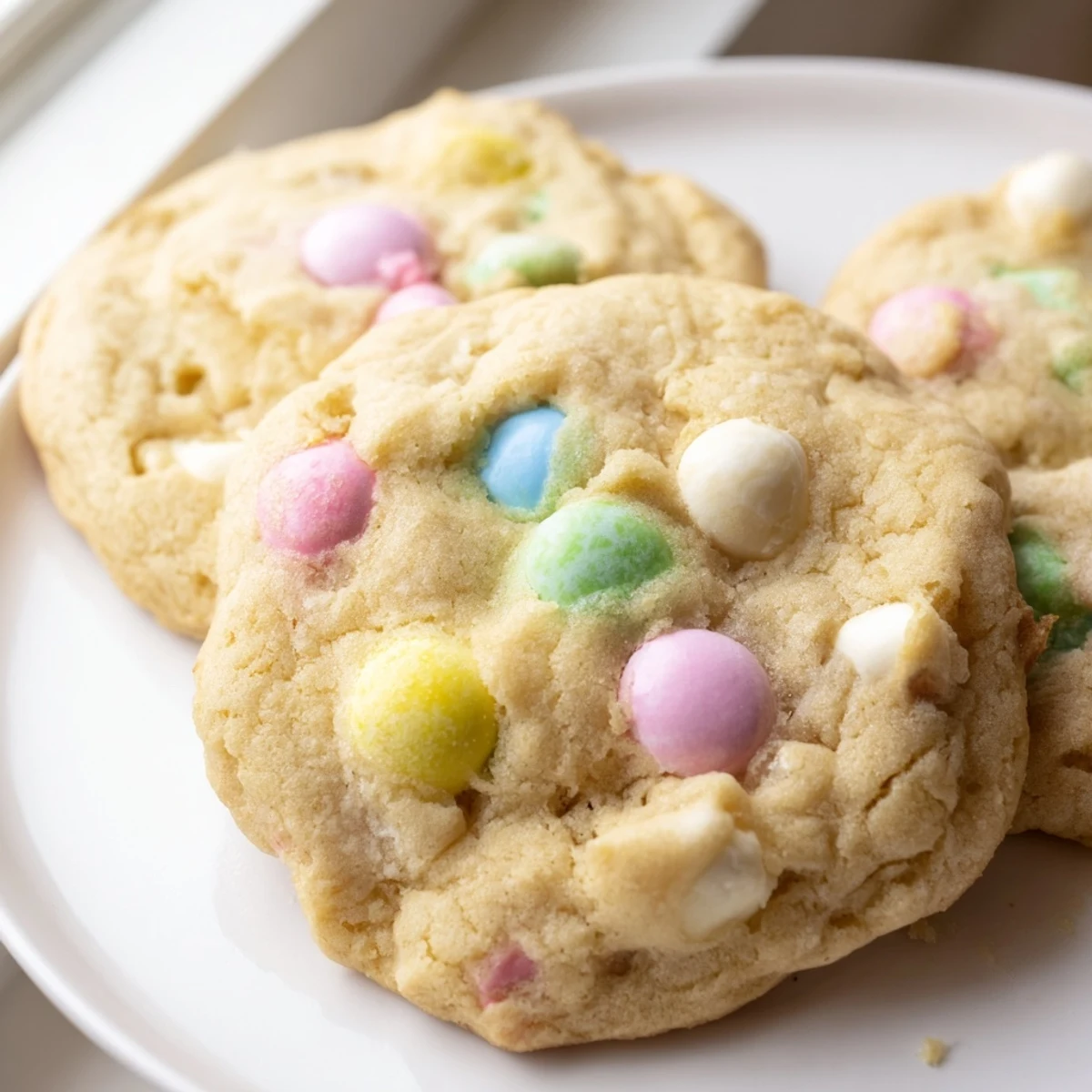 Soft M&M bunny cookies with colorful Easter candies scattered on a rustic white plate