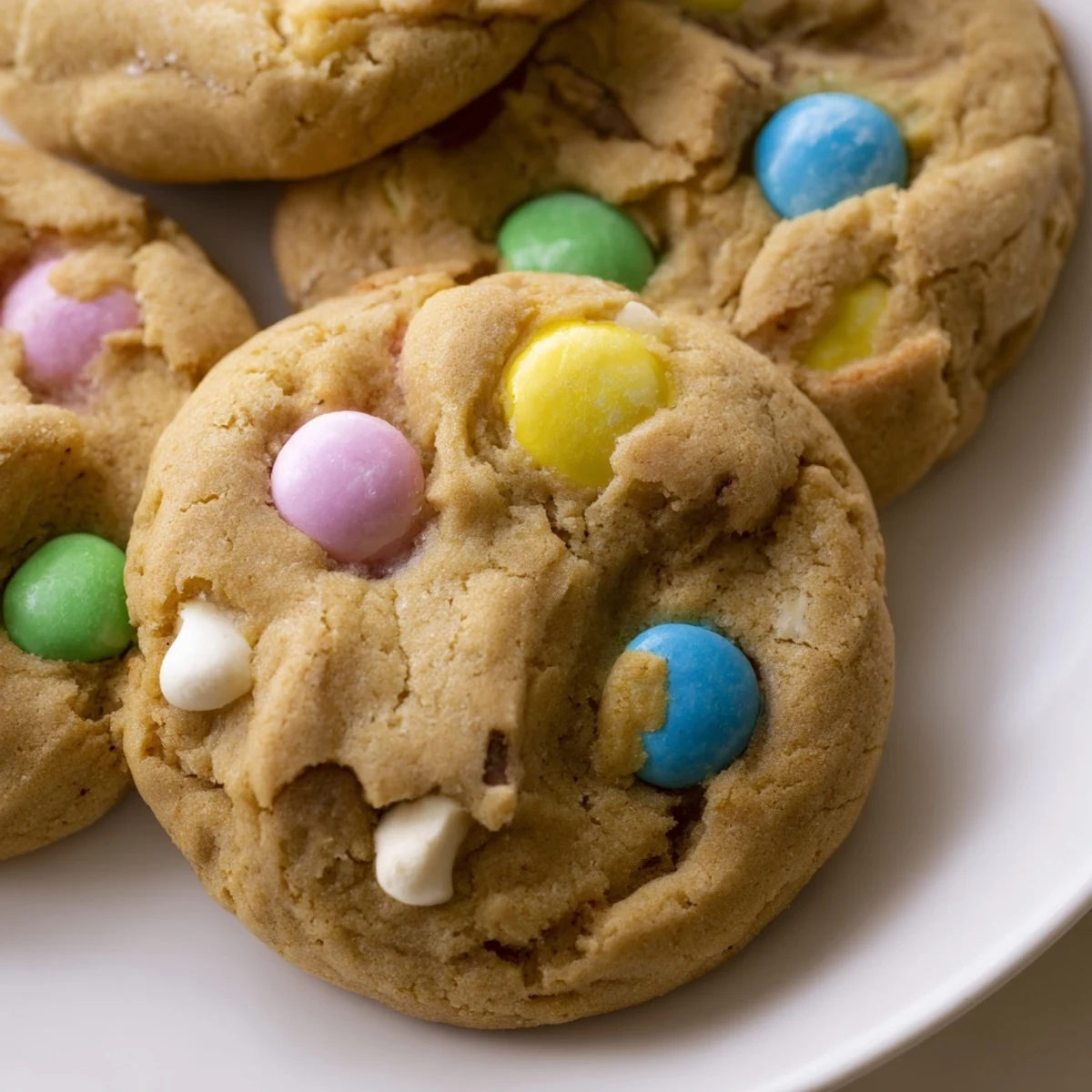 Chewy M&M bunny cookies fresh from the oven with golden brown edges