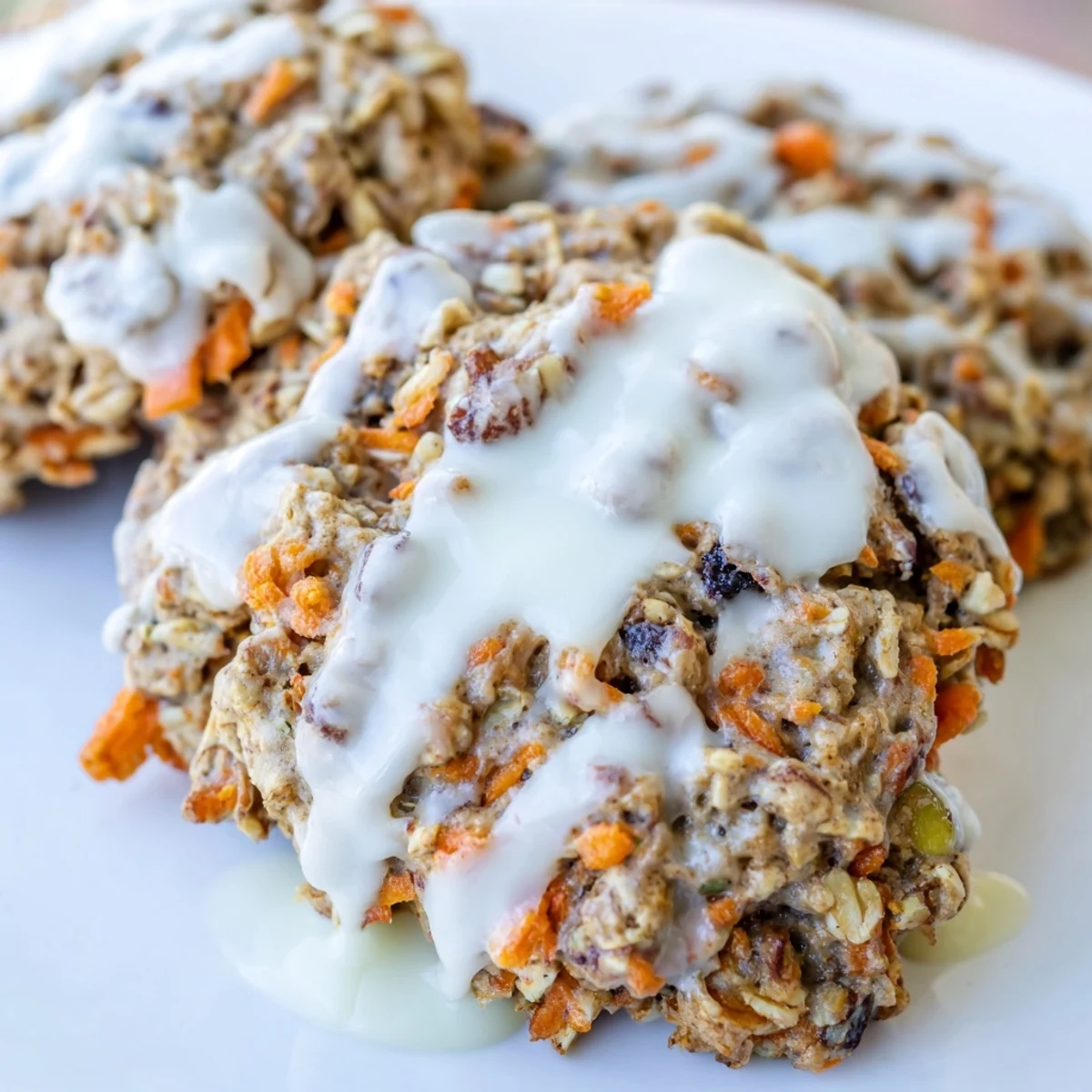 Soft carrot cake cookies with creamy tangy cream cheese drizzle on rustic wooden board