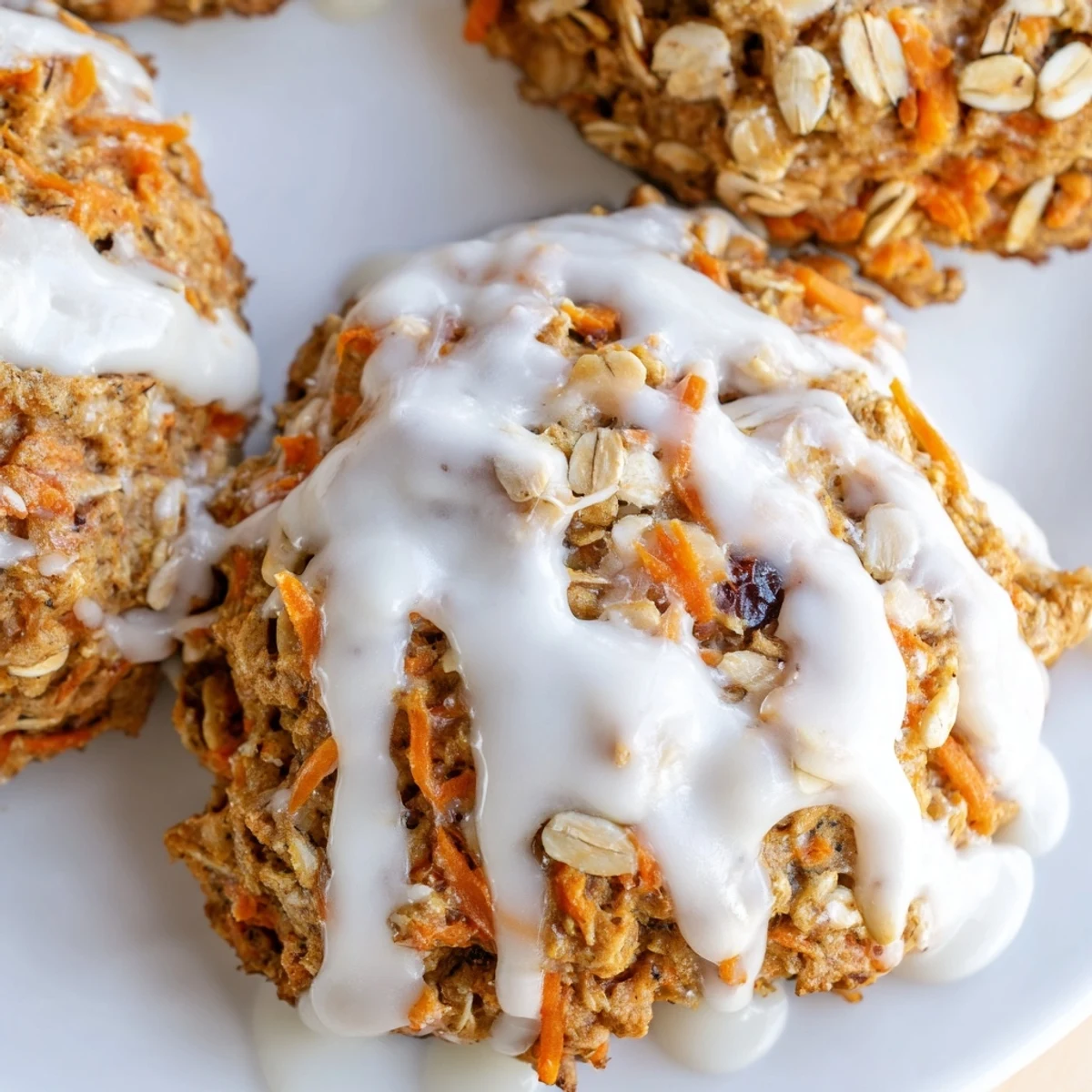 Golden spiced carrot cake cookies fresh from oven with sweet vanilla glaze