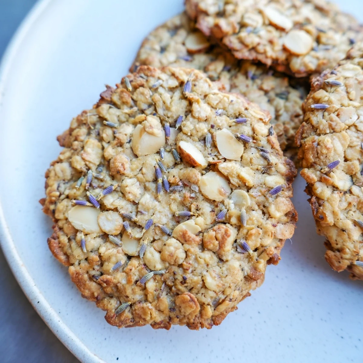 Golden Lavender Honey Crunch Cookies with chopped nuts arranged on a rustic wooden serving board