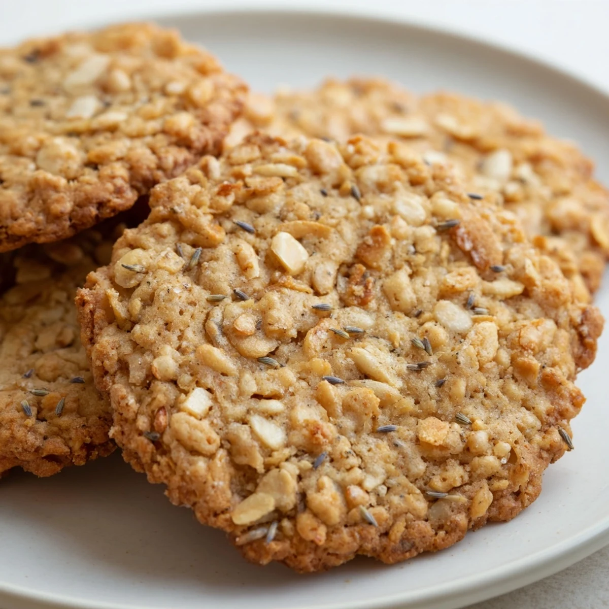 Crisp Lavender Honey Crunch Cookies fresh from the oven with lightly browned edges and crunchy texture