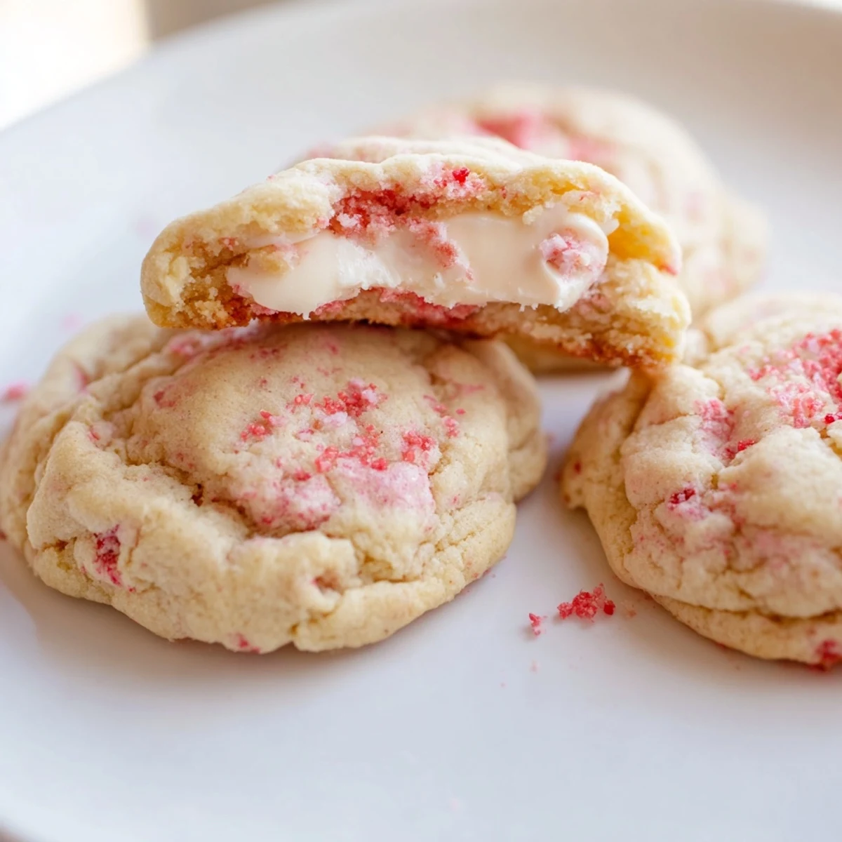 Soft strawberry cheesecake cookies with golden edges and creamy centers on rustic bakeware