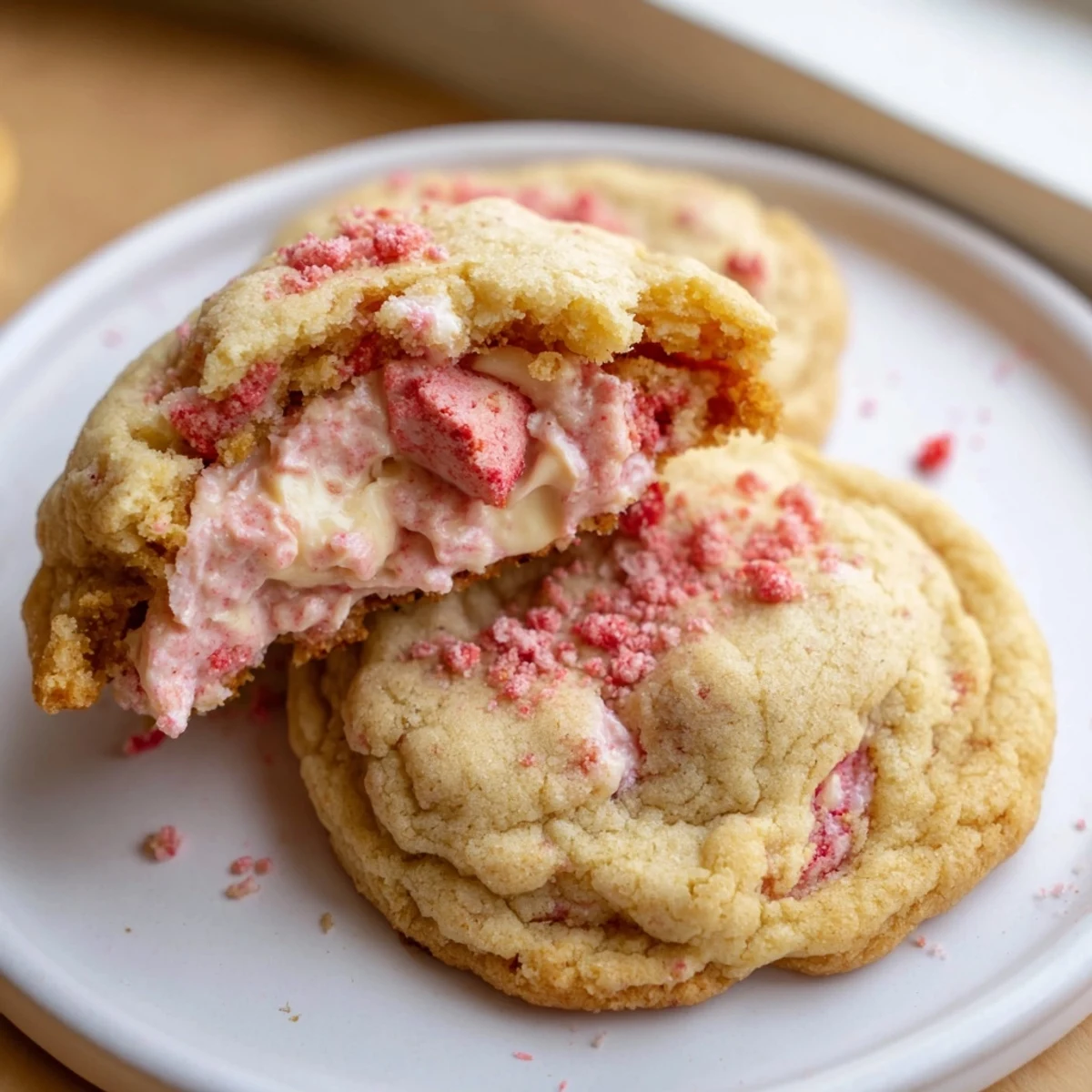 Chewy strawberry cheesecake cookies topped with crushed berries served warm from oven