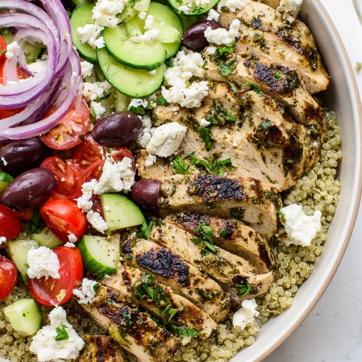 Golden grilled chicken tops a fluffy Mediterranean chicken quinoa bowl with fresh vegetables