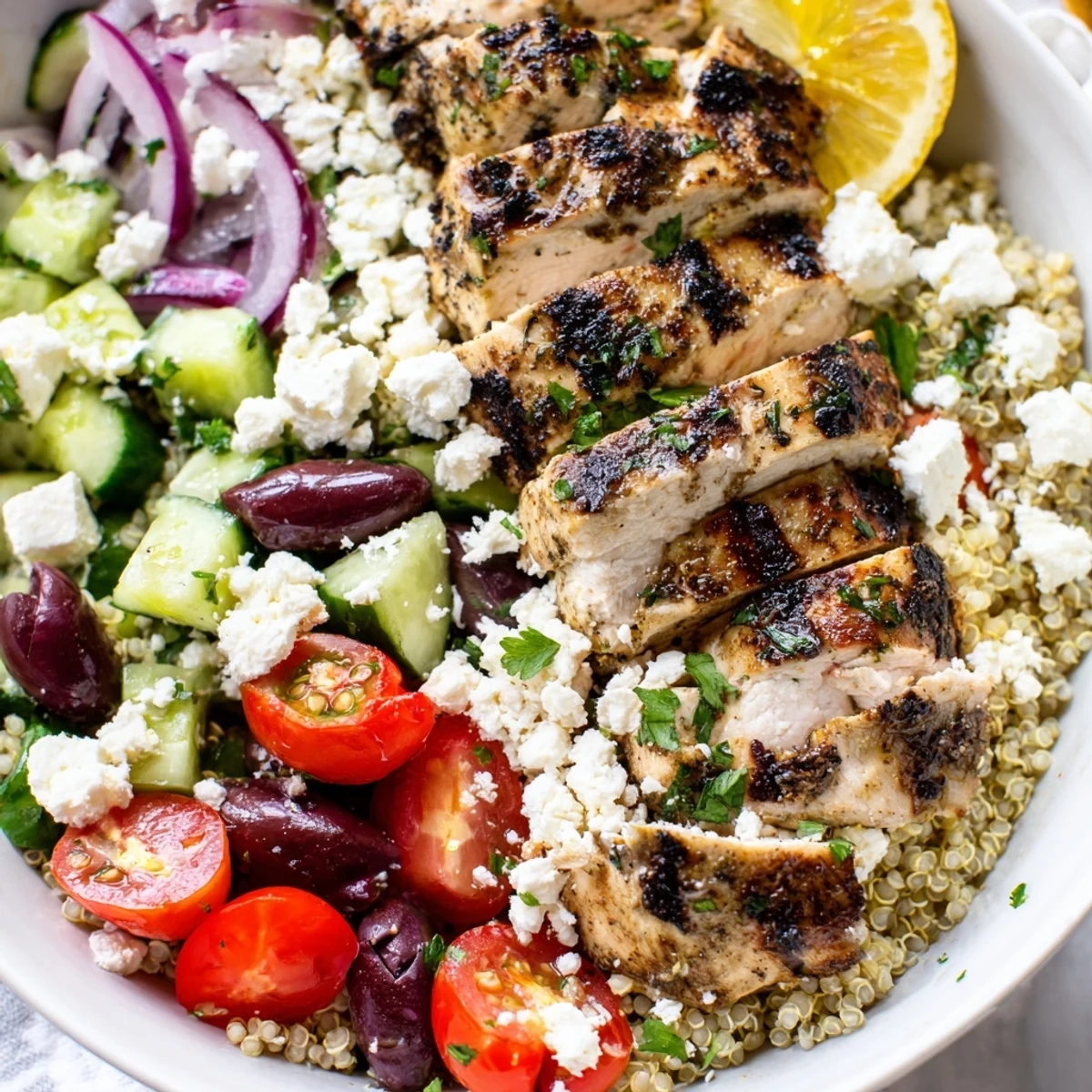 Colorful Mediterranean chicken quinoa bowl loaded with crisp cucumbers tomatoes olives and creamy feta