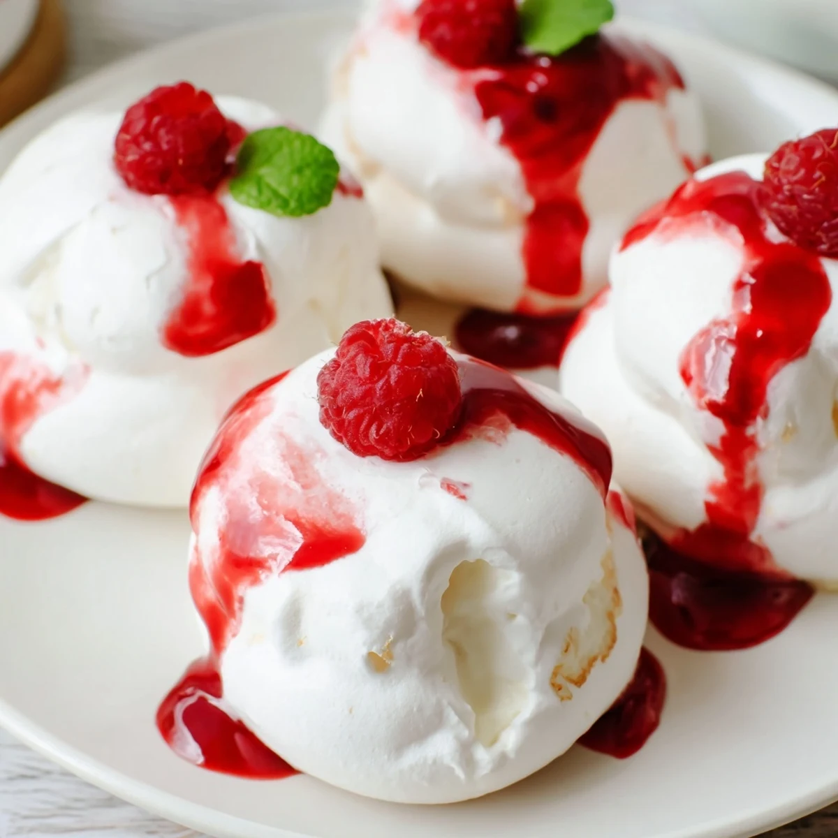 Crisp Pavlova bombs with cream filling drizzled in bright red raspberry coulis on white plate