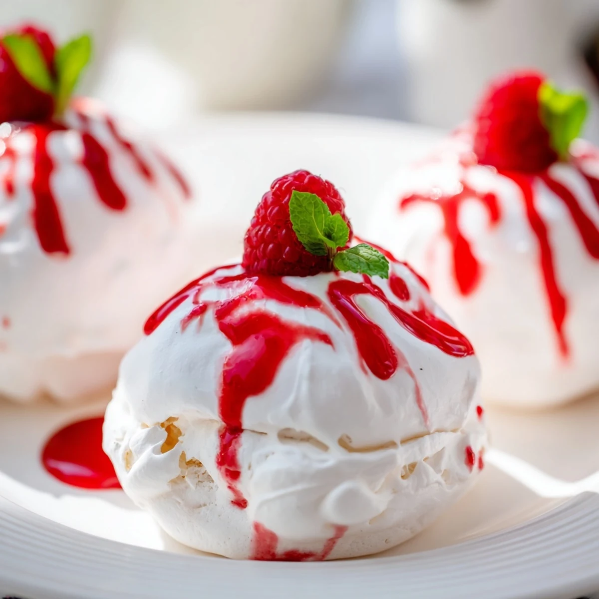 Golden meringue Pavlova bombs topped with fluffy whipped cream and tangy raspberry sauce