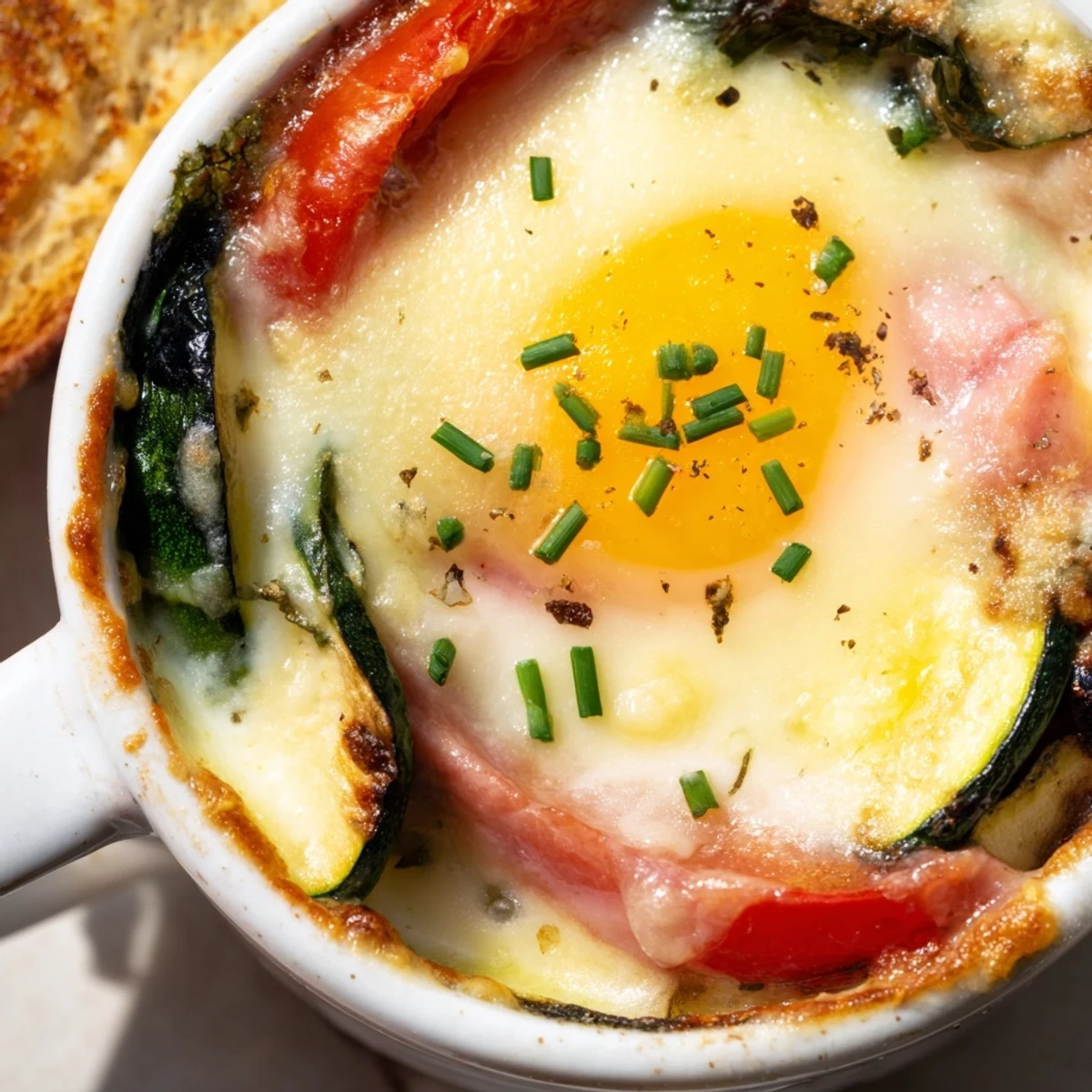 Golden baked eggs Napoleon with creamy Gruyère sauce in white ramekins ready to serve