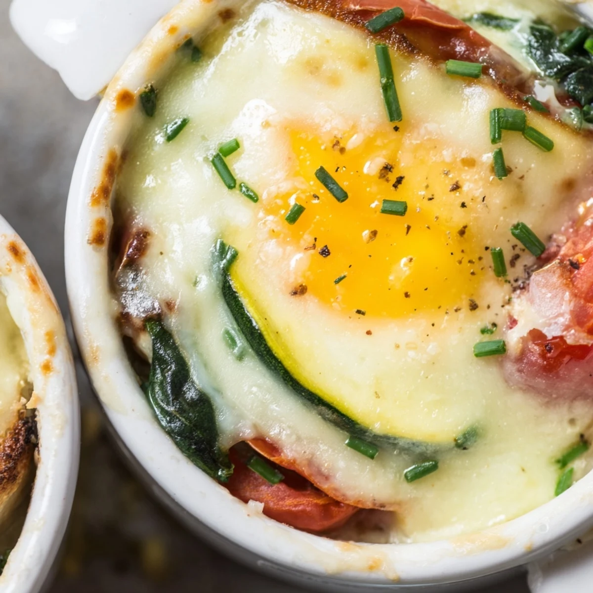 Layers of ham spinach and tomato under perfectly baked eggs Napoleon with melted cheese