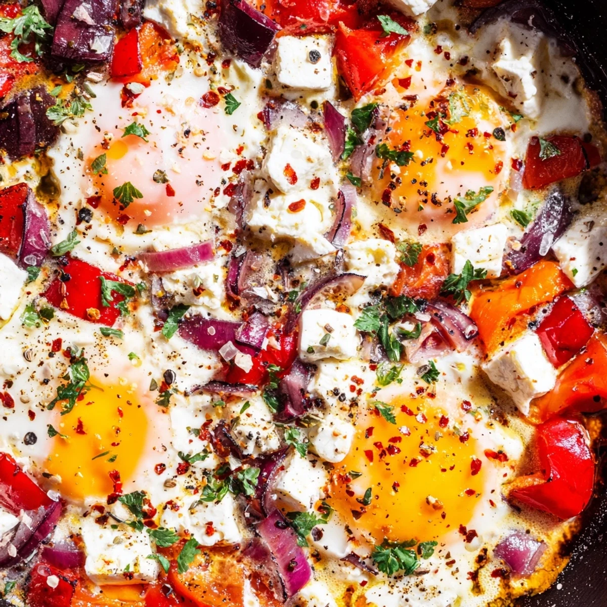 Golden baked feta eggs with runny yolks nestled in creamy cheese and roasted vegetables