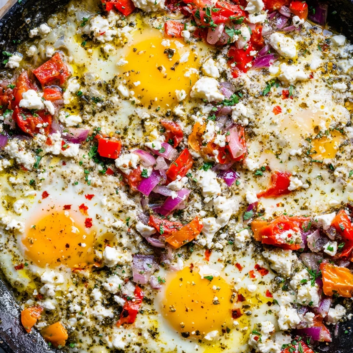 Baked feta eggs sizzling in a cast iron skillet topped with fresh parsley garnish
