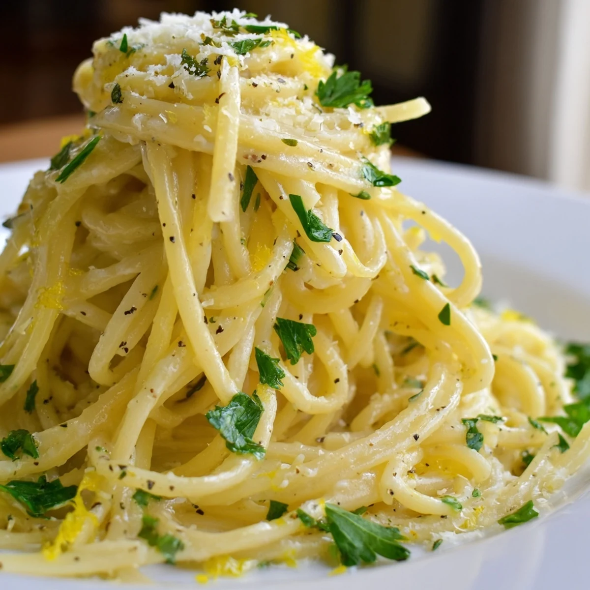 Creamy Parmesan Lemon Pasta tossed in a buttery skillet with fresh herbs and pepper