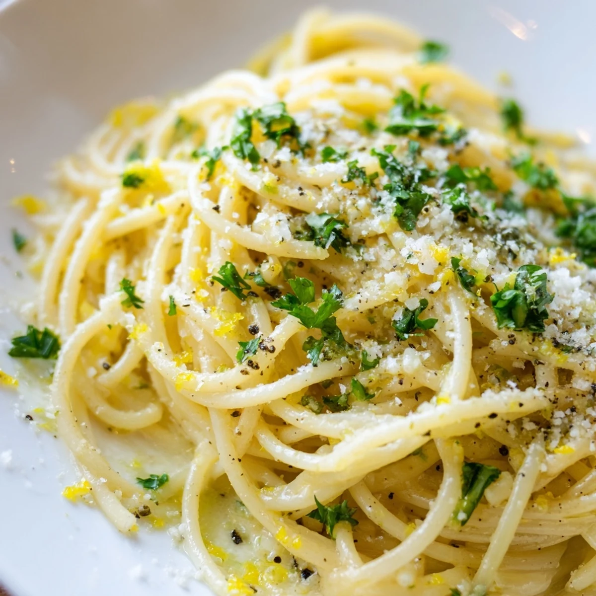 Golden spaghetti coated in zesty Parmesan Lemon Pasta with garlic and olive oil