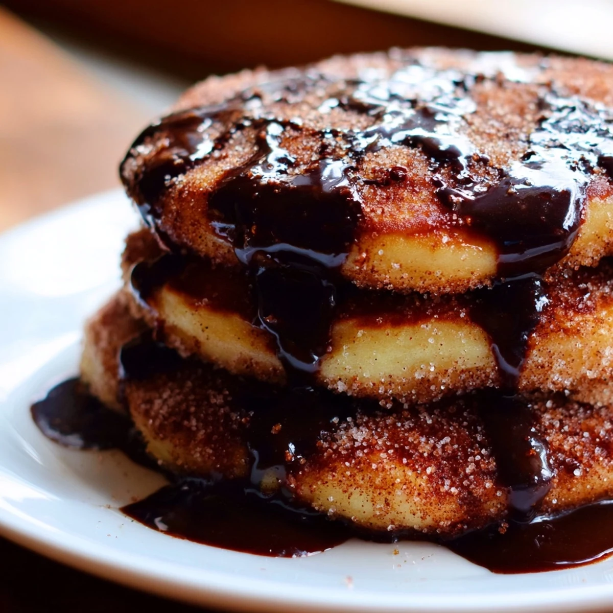 Fluffy Spanish Churro Pancakes stacked high with rich chocolate sauce drizzled on top