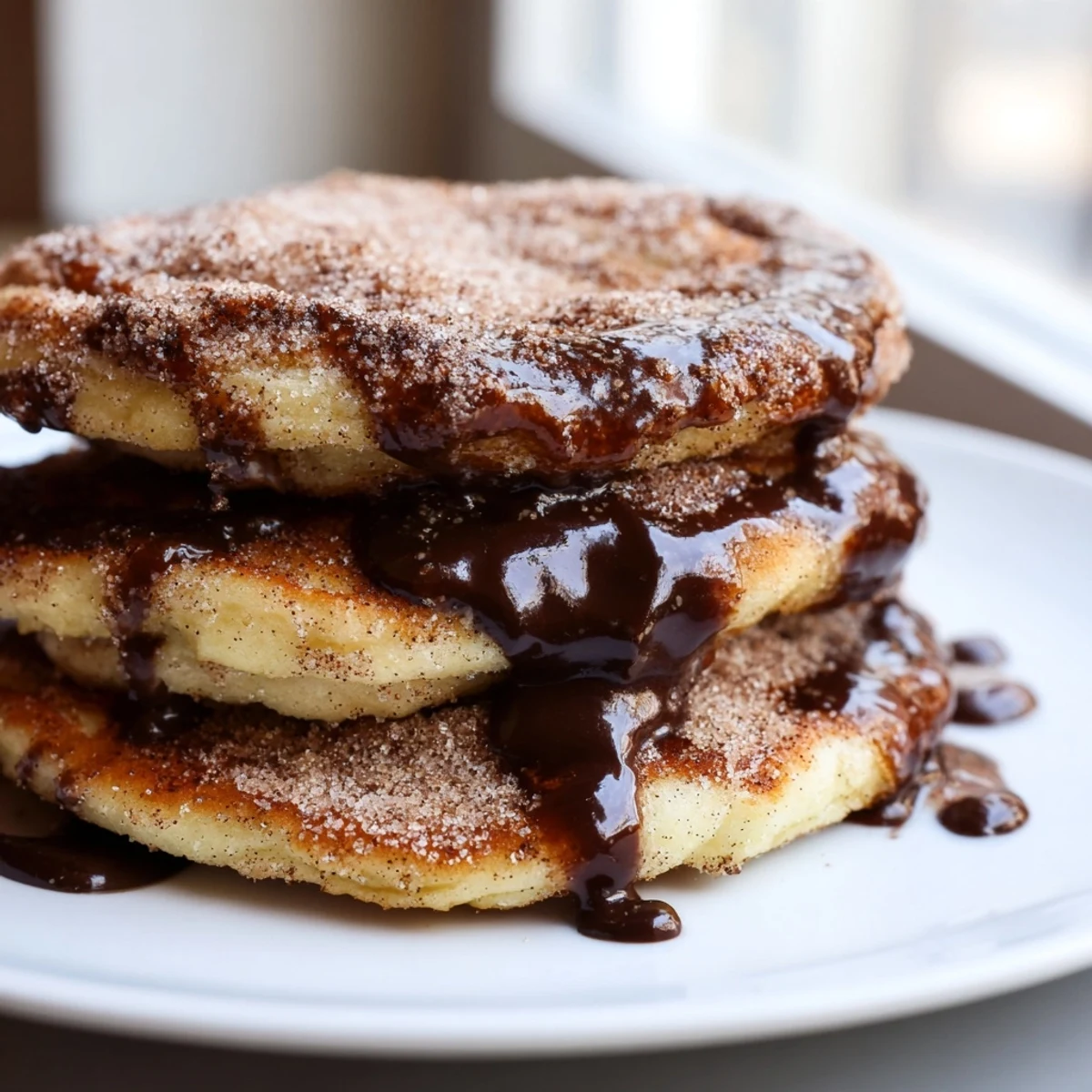 Golden Spanish Churro Pancakes dusted with cinnamon sugar served with warm dipping chocolate