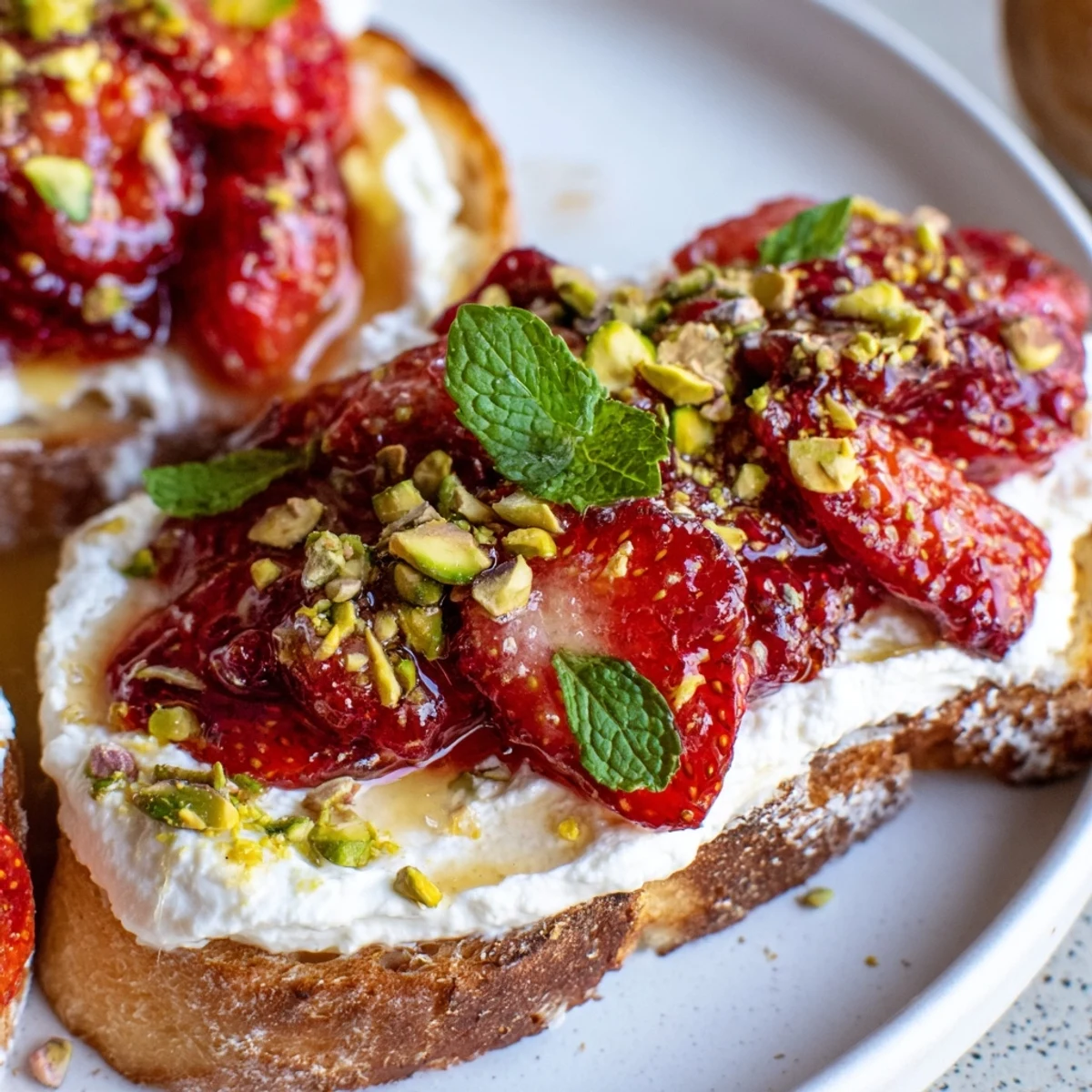 Golden sourdough toast piled high with roasted strawberry whipped ricotta toast and fresh mint