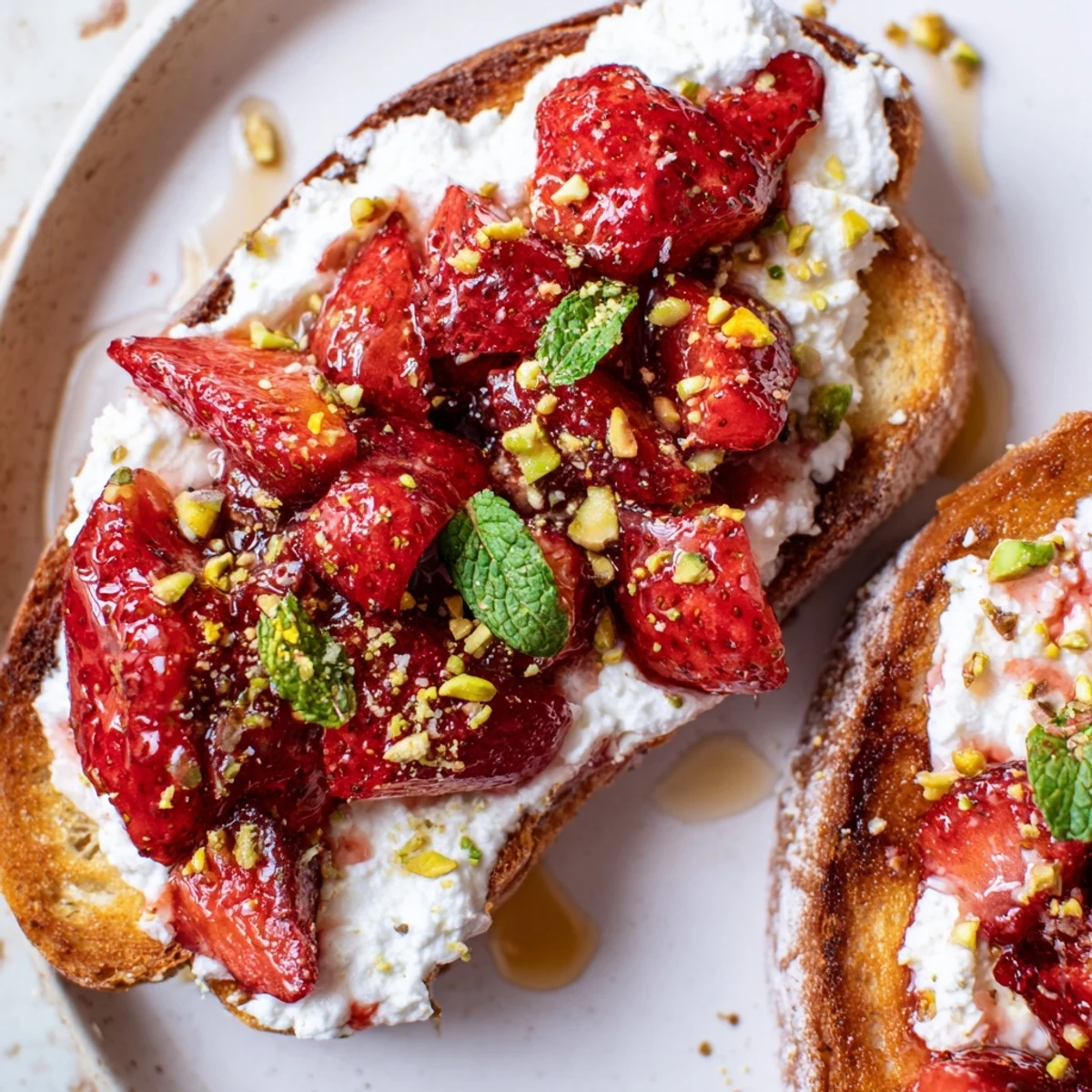Creamy whipped ricotta spreads over crispy bread topped with sweet roasted strawberry whipped ricotta toast