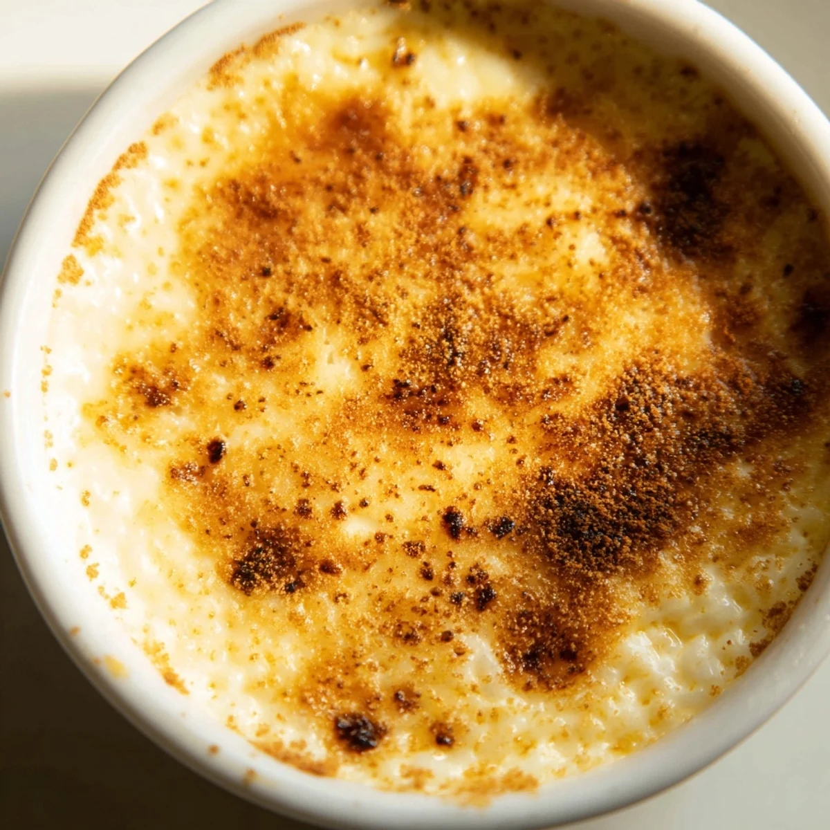 Silky Portuguese rice custard with speckled cinnamon topping served in small dessert bowls