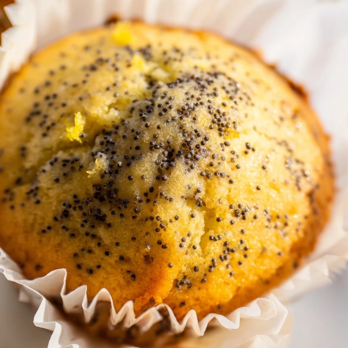 Golden lemon poppy seed muffins with domed tops fresh from the oven on a wire cooling rack