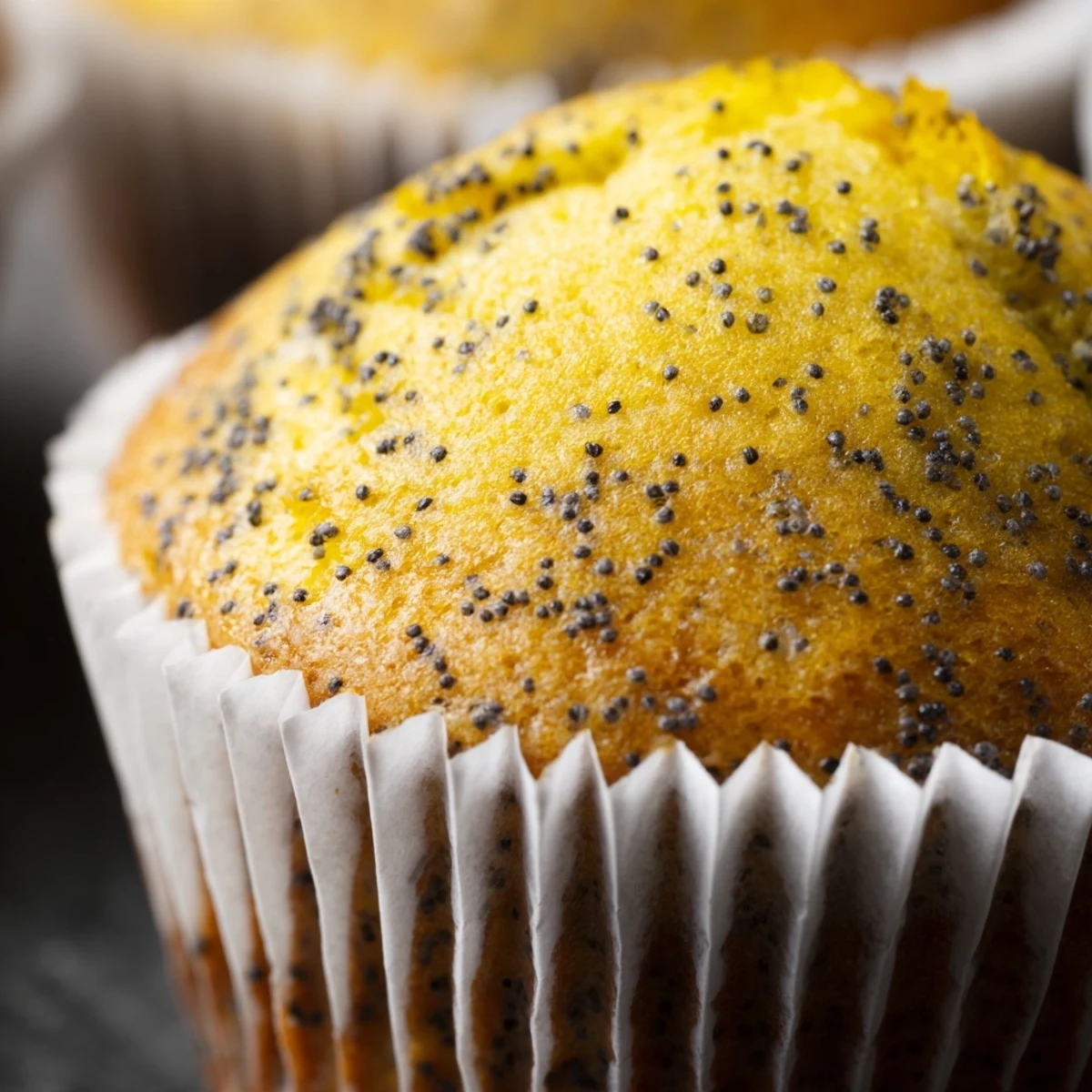 Moist lemon poppy seed muffins studded with tiny black seeds beside a bowl of bright lemon zest
