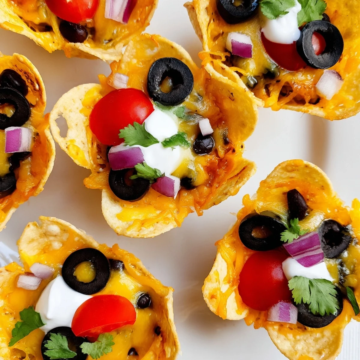 Golden cheesy nacho cups bubbling with melted cheddar and colorful fresh toppings