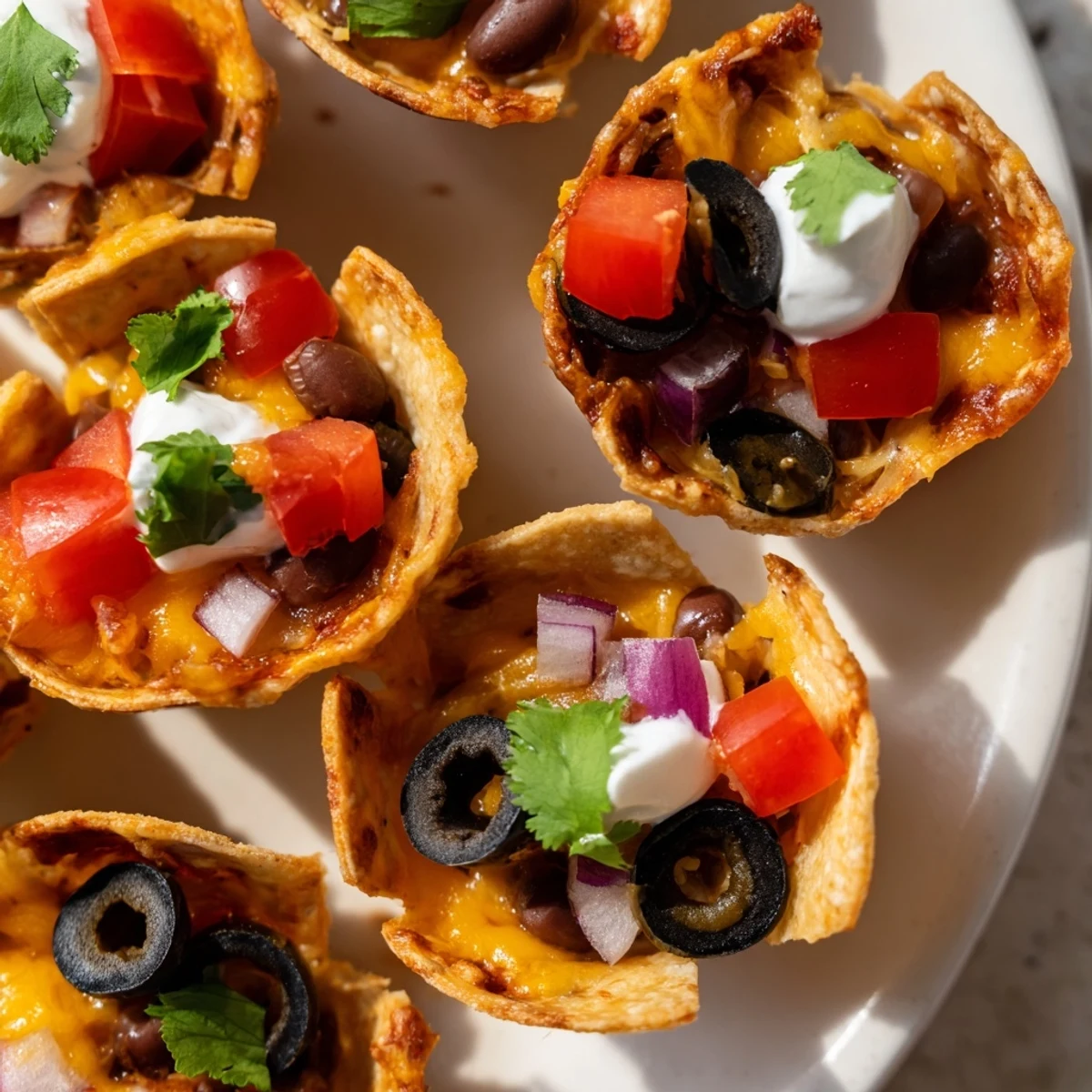 Mini tortilla cups overflowing with gooey cheese, beans, and zesty garnishes