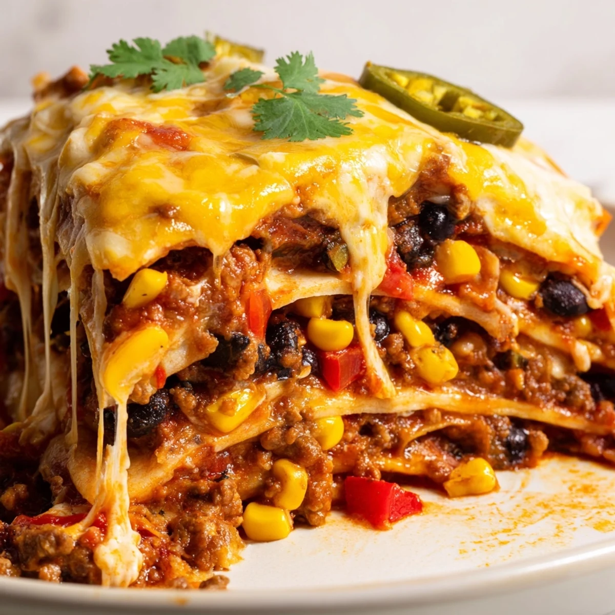 Golden melted cheese tops this Mexican lasagna with layers of seasoned beef and beans