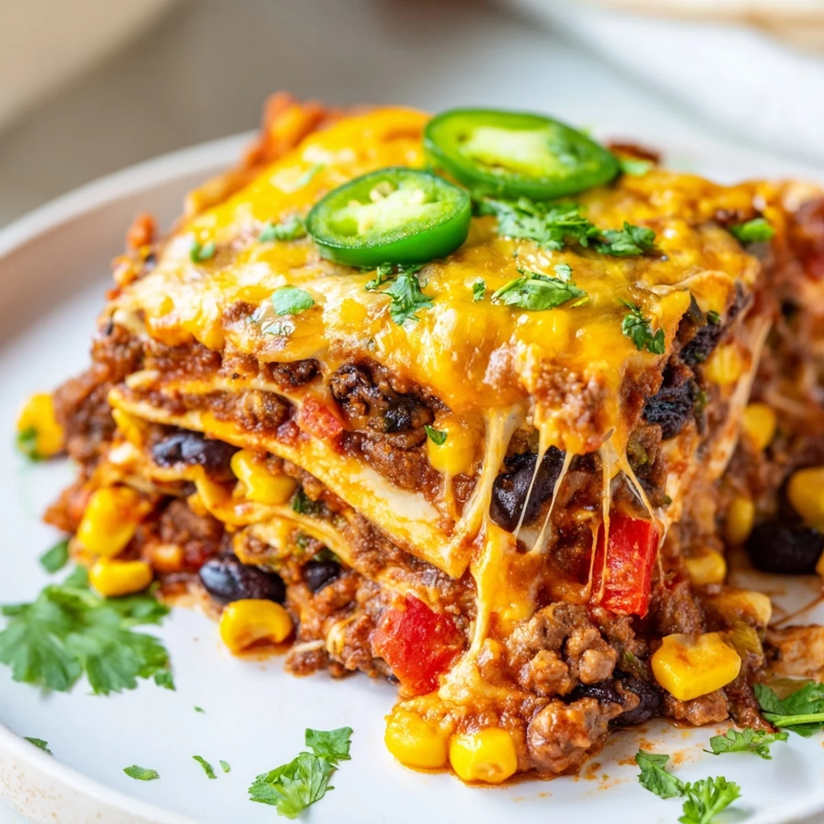 Mexican lasagna bubbling with zesty tomato sauce corn and melted cheddar cheese layers