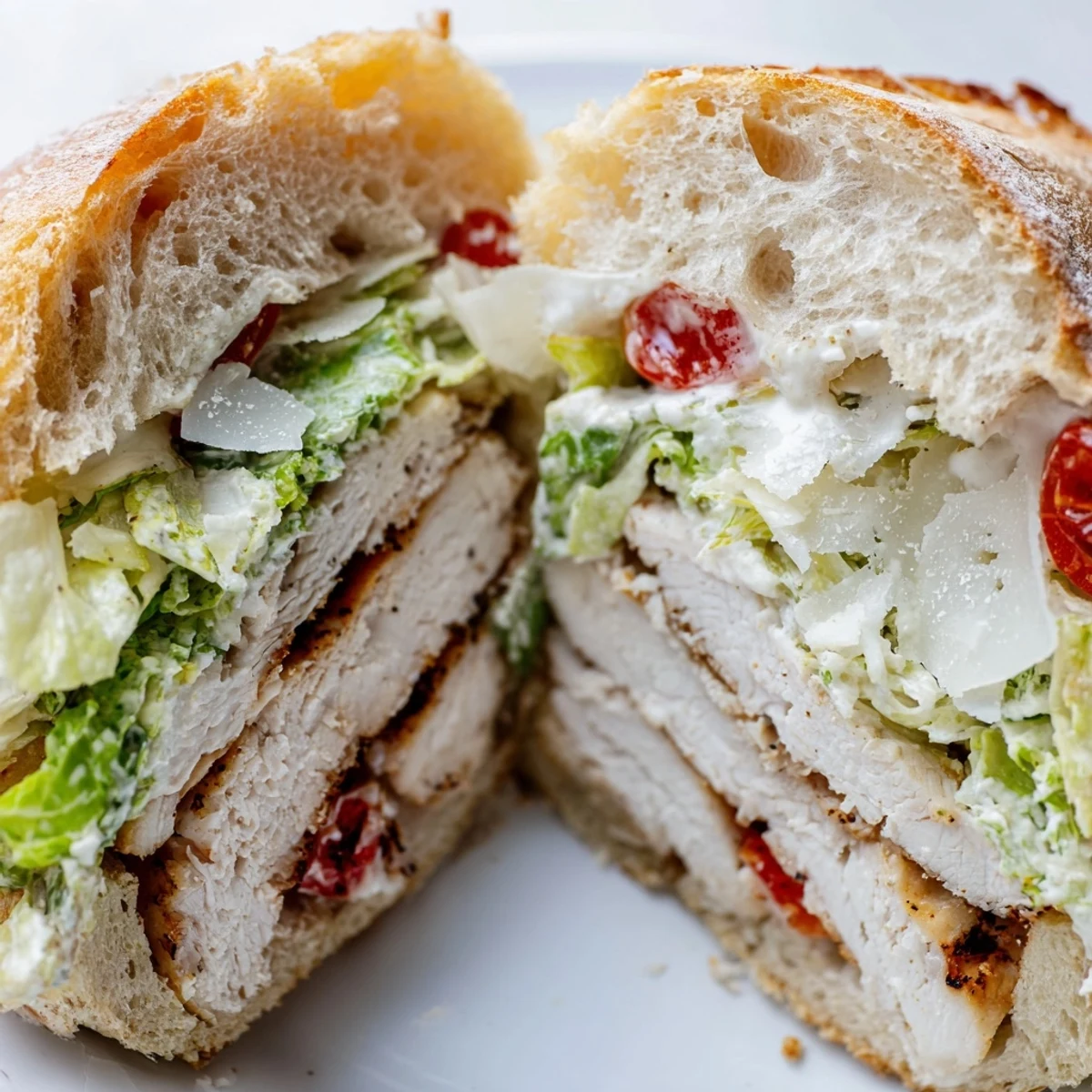 Golden toasted ciabatta rolls filled with sliced grilled chicken Caesar sandwich and crisp romaine lettuce