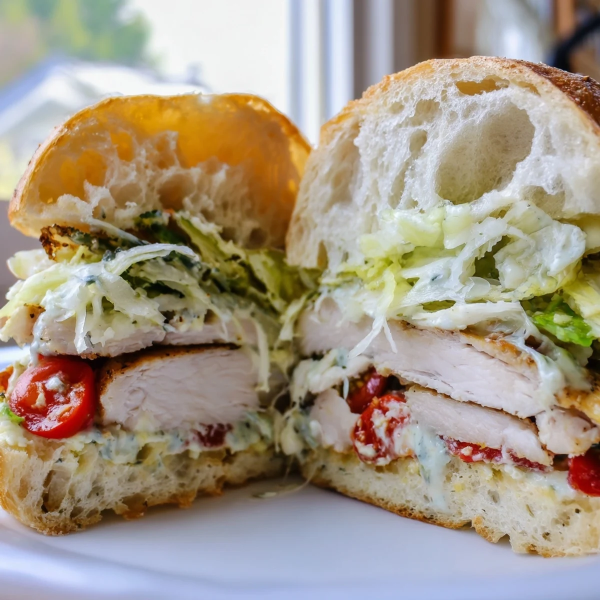 Juicy grilled chicken layered with creamy Caesar dressing and fresh romaine on crusty sandwich bread