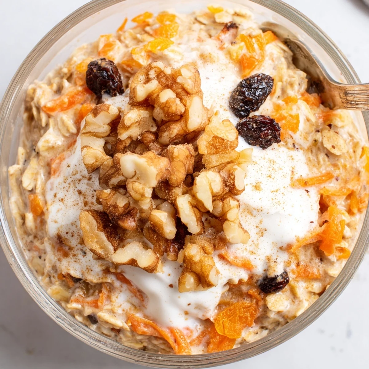 Carrot Cake Overnight Oats served in a glass jar topped with crunchy walnuts and a dusting of warm cinnamon