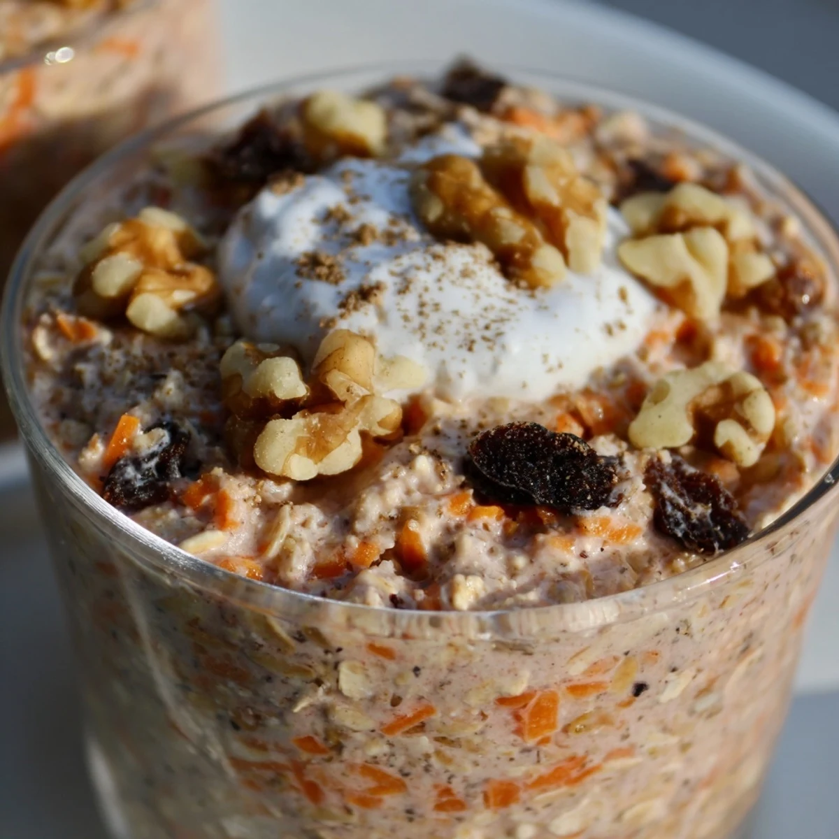 Creamy Carrot Cake Overnight Oats with grated carrots, plump raisins, and chopped pecans in a breakfast bowl