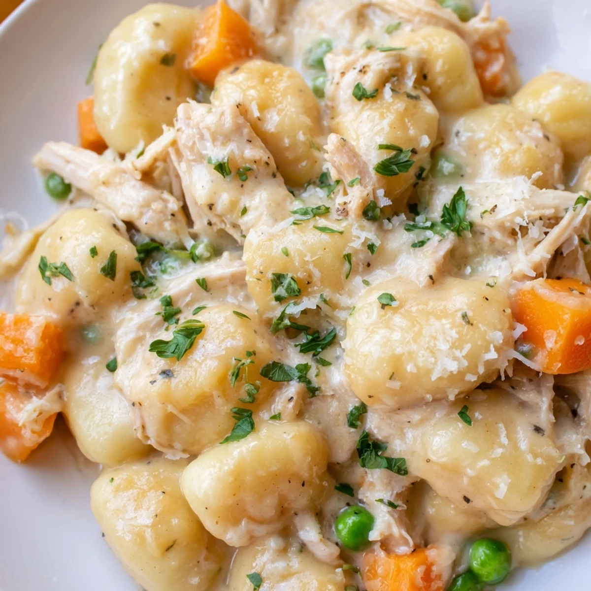 Creamy one pot gnocchi chicken pot pie in a rustic skillet with tender vegetables and golden sauce