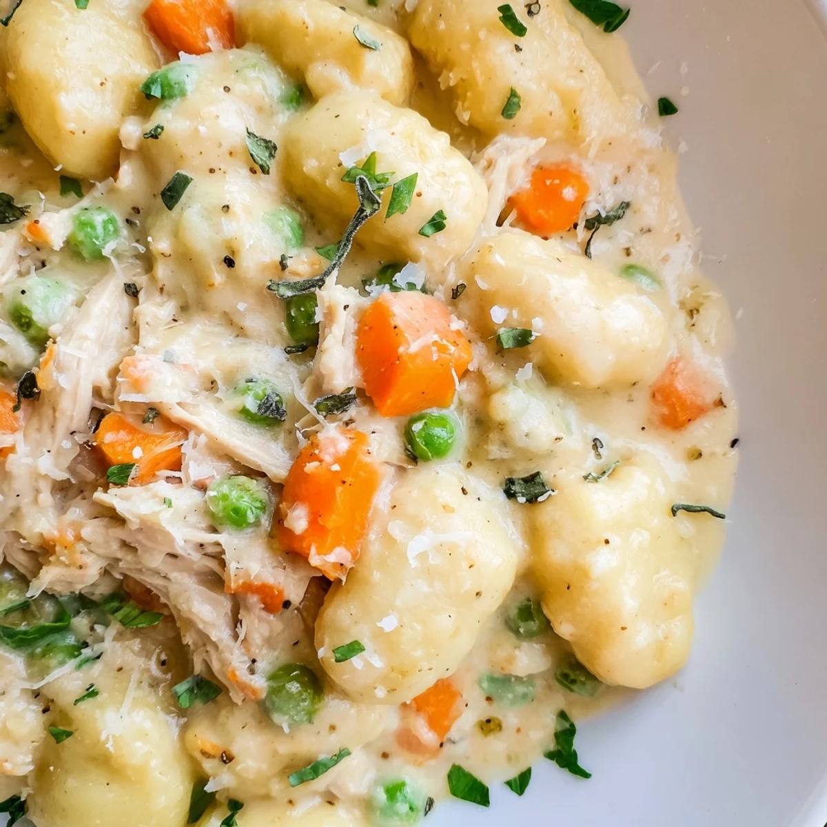 Golden one pot gnocchi chicken pot pie topped with fresh parsley in a cast iron pan