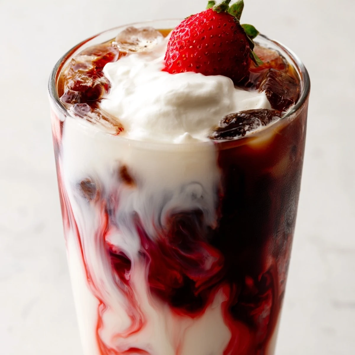 Creamy strawberry cold latte in a tall glass with swirled pink layers and ice
